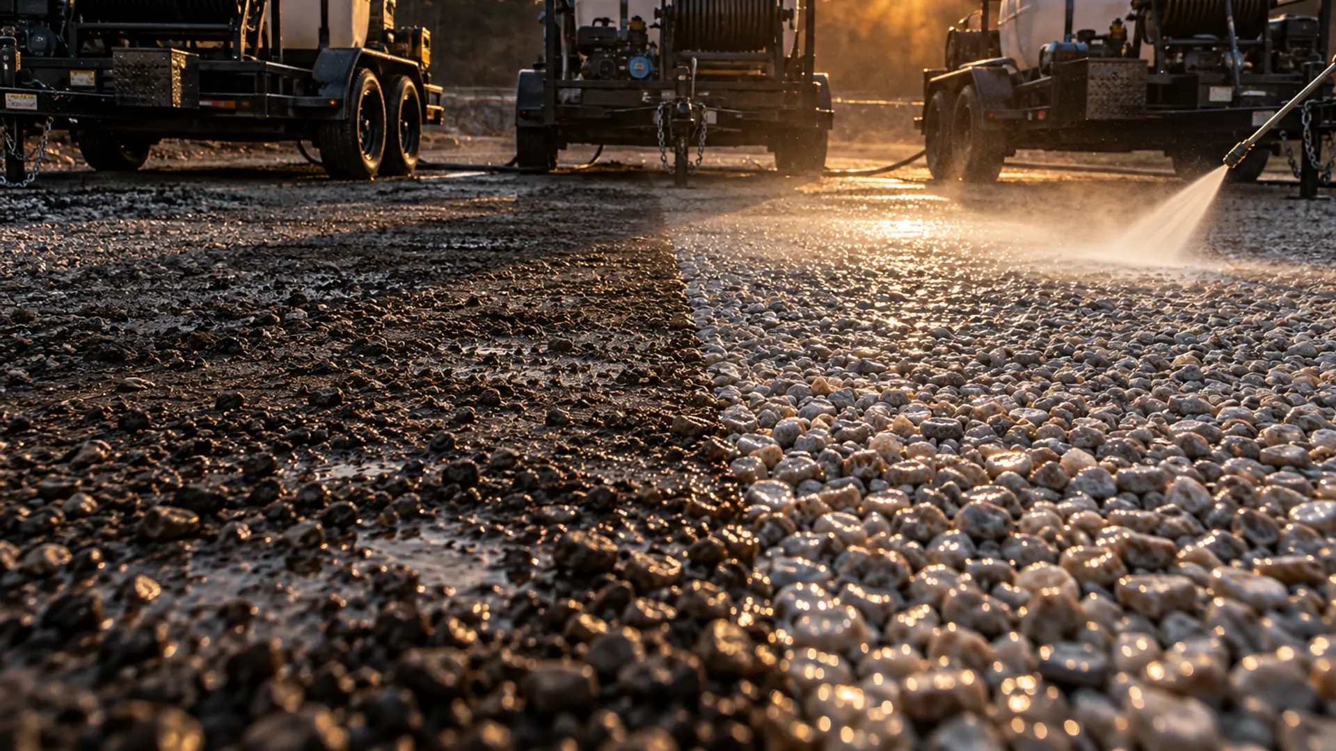 Three wash trailers parked side by side in a yard at dusk.