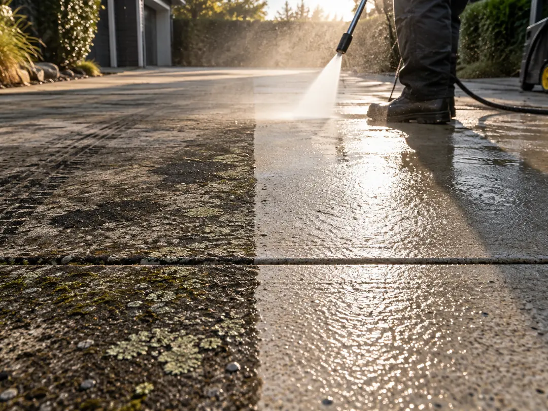 A driveway with a sharp line between grimy slabs and freshly washed concrete.