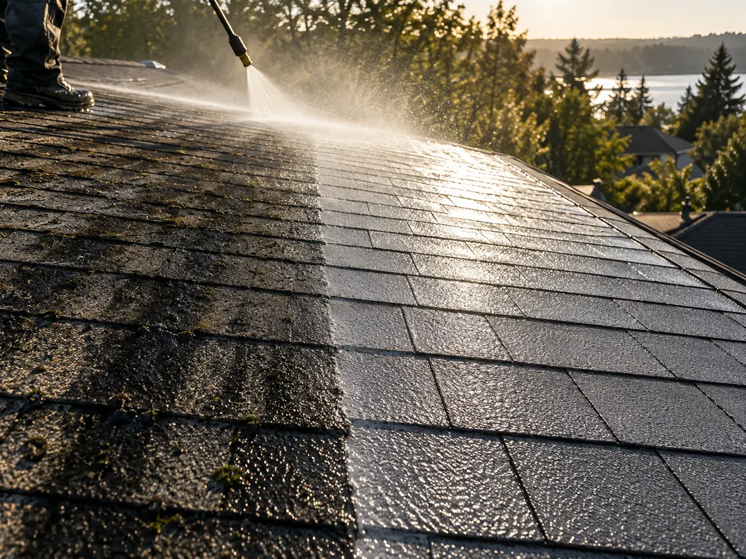 Asphalt shingles with black streaks on one side, soft washed to an even grey on the other.