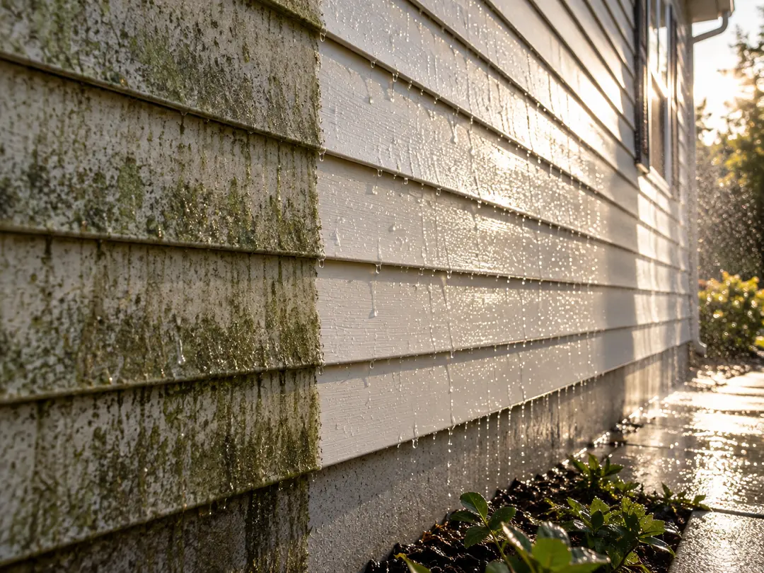 Vinyl siding with green algae on one half and clean, bright boards on the other.